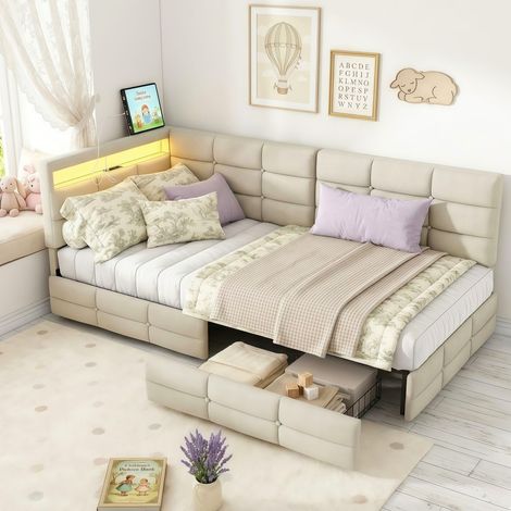 Divano letto 90x200 cm con 2 cassetti e LED - Letto singolo imbottito in lino con porta USB e rete a doghe - Letto per bambini e ragazzi - Beige