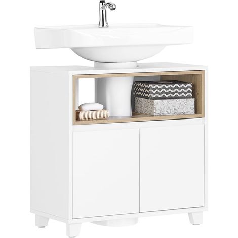 Sobuy – Meuble sous lavabo 2 portes BZR148W – Dimensions L60 x P30 x H61 cm – MDF blanc – Évidement pour siphon – Compartiment ouvert pratique