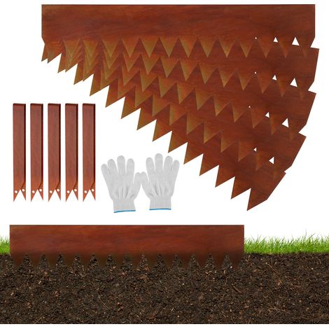 Jiubiaz Rasenkante mit Spitzen Metall 100 x 20 cm 25m Beeteinfassung Mähkante Verzinkt Wegbegrenzung Beetumrandung Palisade inkl. Handschuhe Rost