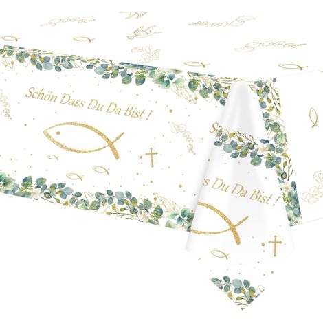 Nappe de table jetable pour communion, confirmation, 137 x 274 cm, motif eucalyptus, poisson, décoration de table pour confirmation, communion, baptême, garçon et fille (1/5)