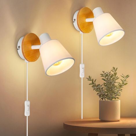 Lot de 2 LED Applique Murale Bois, Blanc Réglable Lampe Rétro E14 Luminaire Mural Interieur Industrielle, avec Interrupteur et Prise, Chambre, Salon, Couloir, Ampoule Non Incluse (1/5)