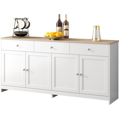Buffet/sideboard à veinure bois blanche, quatre portes et trois tiroirs, pour salon et salle à manger, coloris bois et blanc (1/5)