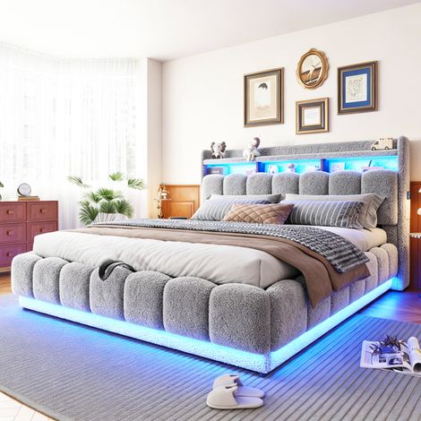 Lit coffre rembourré en tissu bouclé 180x200 cm avec rangement hydraulique, LED, ports USB et prise, sommier à lattes métalliques, Gris (1/5)