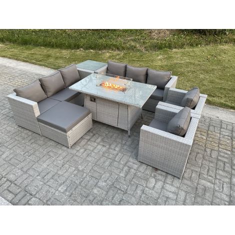 Fimous Light Grey Rattan Fire Pit Garden Furniture Set Gas Heater Burner Lounge Sofa Dining Set Coffee Table Chairs Footstool (1/5)