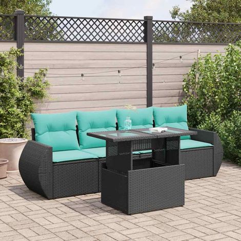 5tlg. Garten-Sofagarnitur mit Kissen Schwarz Poly Rattan Akazie (1/5)