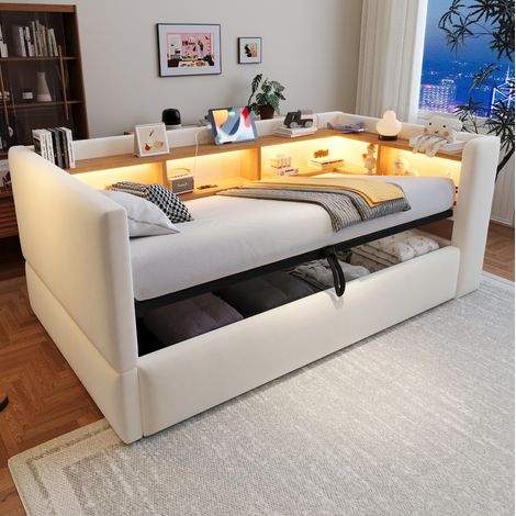 Divano letto 90x190 cm beige in flanella con vano idraulico, LED, prese e ripiani (1/5)