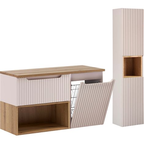 Ensemble meuble sous-vasque 100cm panier à linge et colonne Riva Cachemire et Bois (1/5)