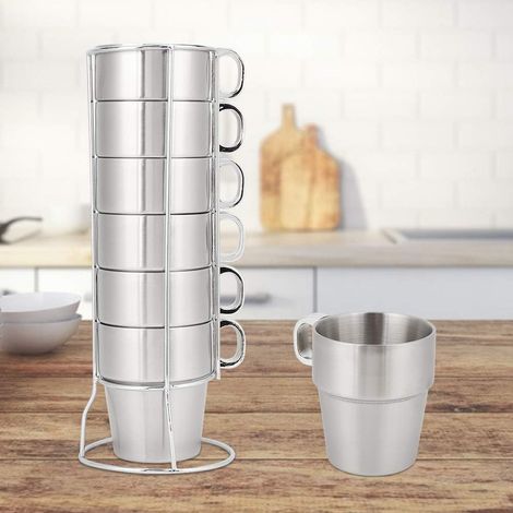 Ensemble de Tasses en Acier Inoxydable de 6 pièces Tasse en métal Anti brûlure à Double Couche Tasse à Eau empilable réutilisable Tasse à thé Tasse à café Ensemble de Tasse avec Support (1/4)