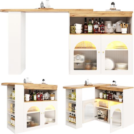 Table bar extensible pivotante avec rangement et LED réglable, 138-193 cm, blanche