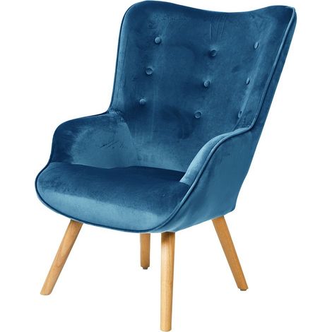 Poltrona da soggiorno in velluto blu notte con piedi in legno, collezione ENJOY. Stile scandinavo.