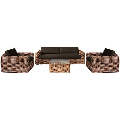 Set Salotto da Giardino Divano 2 Poltrone e Tavolino con Cuscini in Rattan Marrone (1/5)