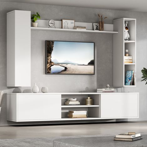 Conjunto de muebles TV 180x35x33.5 cm blanco en tablero de partículas con vitrinas, estante mural y montaje de pie o colgado (1/5)
