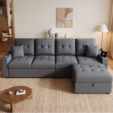 Divano angolare modulare 4 posti con pouf contenitore, LED e USB Type-C grigio DESVIAE (1/5)