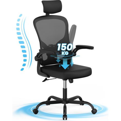 Silla de oficina – Silla de oficina ergonómica – Con reposabrazos abatibles hasta 90° – Altura ajustable de 45-55 cm – Reclinación de 90-120° – Con reposacabezas 2D – Asiento ancho de 51 cm – negro