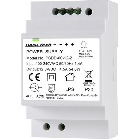 Basetech BT-2250320 Hutschienen-Netzteil (DIN-Rail) 12 V 4.5 A 54 W Anzahl Ausgänge:2 x Inhalt 1 S (1/4)