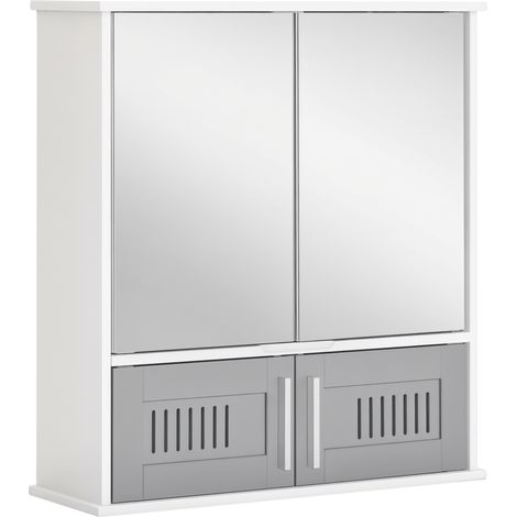 kleankin Bathroom Mirror Cabinet Wall Mount Storage Unit Double Doors Grey