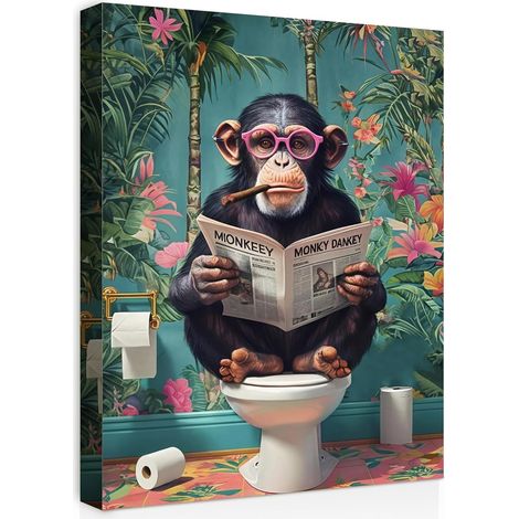 Tableau mural sur toile pour salle de bain avec cadre Motif singe amusant sur toilettes – Impression d'art humoristique pour salle de bain, toilettes d'invités ou toilettes - Décoration (1/5)