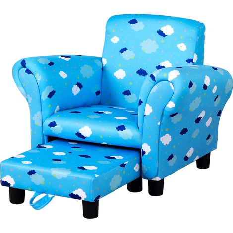 Toddler Chair Children's Armchairs Wood Frame w/ Footrest Anti-Slip Legs High Back Arms Bedroom Playroom Cute Cloud Star Blue (1/5)