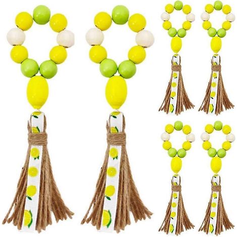 Set aus 6 Serviettenringen aus Holzperlen und Zitronen, im Bohème-Landhausstil, handgefertigt, gelbe und grüne Perlen. (1/5)