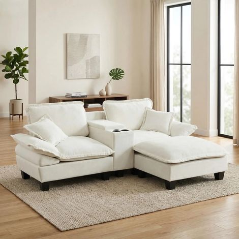 Modulare Cloud-Couch, L-förmiges Segelboot-Sofa mit Getränkehaltern & Stauraum, USB-Anschluss, 1 Ottomane & 2 Kissen, Chenille-Bezug für Apartments & Wohnzimmer, Beige