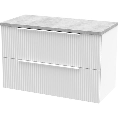 Tixall Fluted 2 Drawer Wall Hung Vanity Unit with Laminate Worktop, Satin White, 800mm