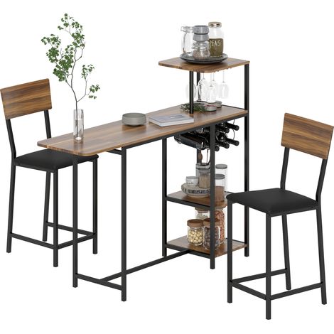 3-teiliges Bartisch-Set, 1 Bartisch, 2 Stühle, mit Weinregal, Glashalter, Offene Regale, Fußstützen, Braun