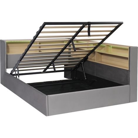 Cama diván 140x190 cm con arcón hidráulico, terciopelo gris, LED, USB y respaldo, HOMVRA (1/5)