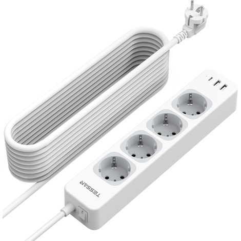 7 en 1 Multiprise 4 Sortie AC avec 3 USB, Prise Multiple avec Interrupteur et Rallonge Electrique 10M, Conivent pour Bureau, Maison, Compatible Phone et Électroménager, Gris