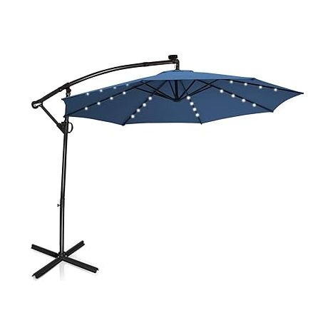 GOPLUS Parasol Déporté Ø3M, Parasol pour Terrasse, Parasol Inclinable, Rotatif à 360°, avec Pied en Croix, 32 LED, Bleu Clair (1/5)
