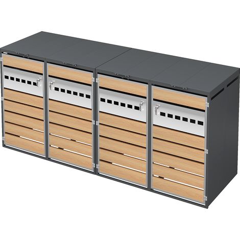 Abri pour poubelles avec couvercle rabattable, compartiments de rangement pour déchets, verrouillable, quatre portes, blocs horizontaux à veinure bois (1/5)