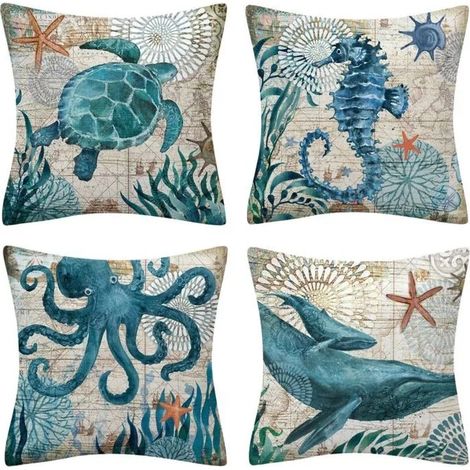 Lot de 4 housses de coussin imperméables, motif vie marine bleue, intérieur et extérieur (1/4)