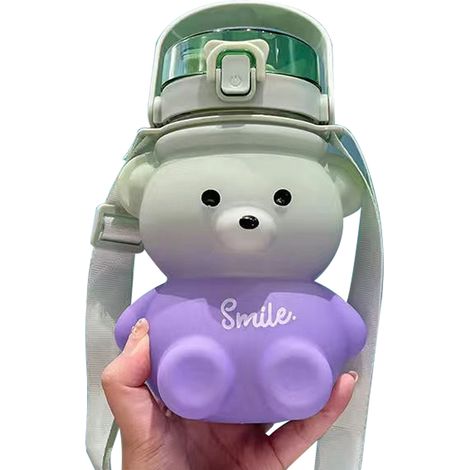 Strohhalm-Bären-Trinkflasche [Trinkflasche mit Strohhalm und Tragegurt] Niedliche Bären-Trinkflasche, großes Fassungsvermögen 1100 ml/1400 ml, lebensmittelechtes PP, blau/grün/ (1/5)