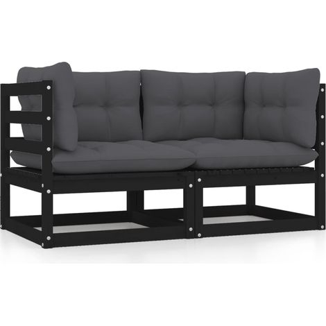 Canapé de jardin 2 places avec coussins,Canapé d'extérieur,Banquette / Sofa / Divan de jardin Noir Bois de pin massif MEMV448148 (1/5)