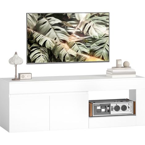 Meuble TV blanc 2 portes pour téléviseurs jusqu'à 60 pouces avec rangement et étagère ouverte parfait pour votre salon moderne. (1/5)