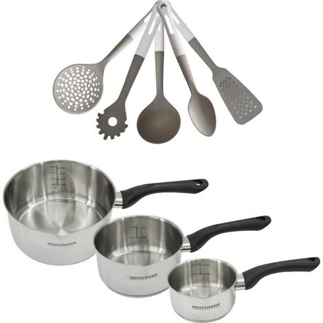 Lot de 3 casseroles inox Fackelmann Geneva 12/16/20cm avec 5 ustensiles (1/5)