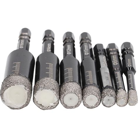 Kit de 7 forets diamantés pour carottage à sec et à l'eau, à queue hexagonale, pour carrelage, marbre et granit.