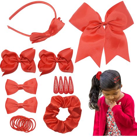 Kit Accessoires Cheveux - Nœud Papillon Grand Format - Bandeau - Élastiques - Pinces - Pour Filles - 35 Pièces - Rouge (1/5)