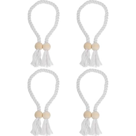 Fermacravatte per tende in cotone e lino, 4 pezzi, con sfera magnetica in legno, resistenti e senza bisogno di forare, ideali per casa e ufficio - Bianco (1/5)