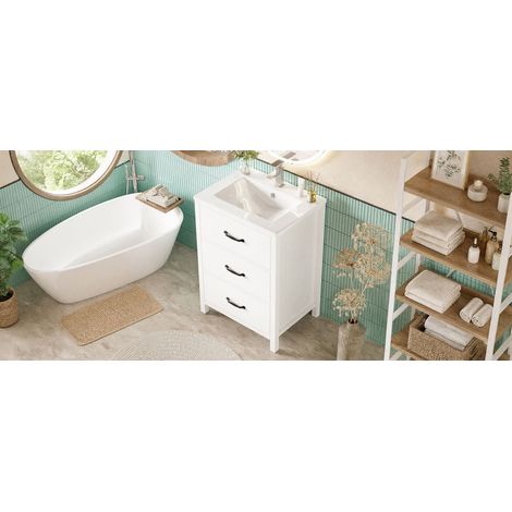 Meuble vasque blanc autoportant en MDF laqué avec 3 tiroirs silencieux et vasque en céramique pour salle de bains et toilettes (1/5)