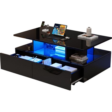 Table basse moderne haute brillance avec LED et 2 tiroirs, 90 x 55 x 41 cm, table d’appoint avec rangement, charge max 30 kg