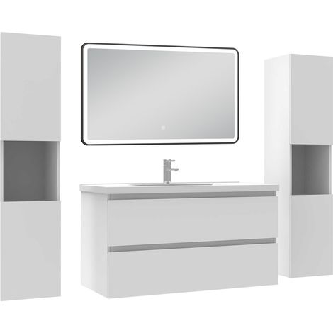 Ocean Meubles Salle de Bain 100cm avec colonne + miroir lumineux 3 couleurs + dimmable blanc (1/5)