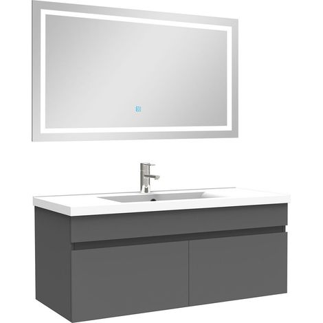 Acezanble Ensemble meuble Salle de Bain 100cm Anthracite simple vasque + miroir lumineux 3 couleurs + dimmable