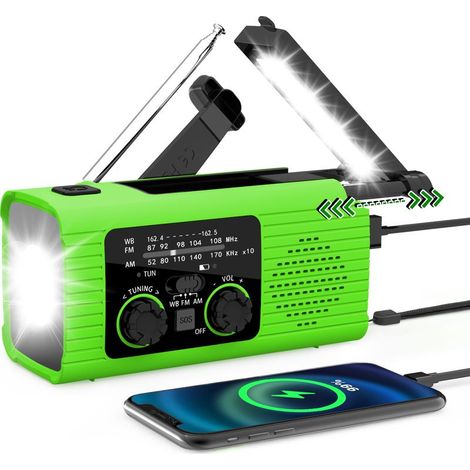 Radio portable - Radio d'urgence - Radio d'urgence solaire à dynamo - Radio à dynamo - Radio d'urgence multifonctionnelle - 2000 mAh - Lampe torche - Verte - ABS (1/5)