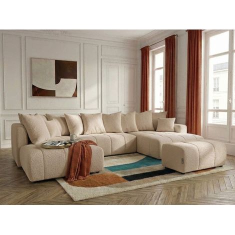 BOBOCHIC - Canapé panoramique convertible ROXELANE tissu bouclette avec pouf Angle droit Beige (1/4)