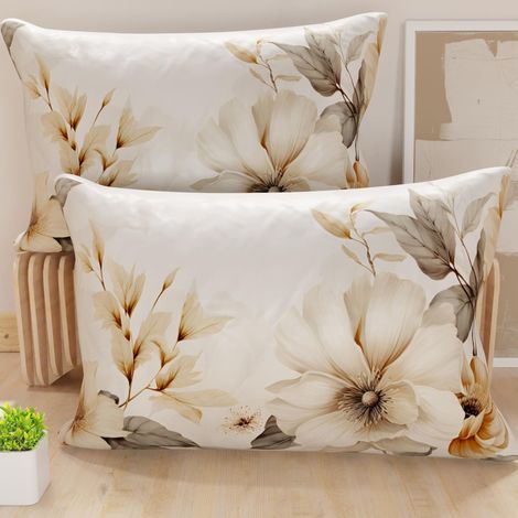 Lot de 2 Taies d'Oreillers 50x70 cm 100% Microfibre Hypoallergénique, Housse Oreiller Rectangulaire Motif Floral Beige, Paquet de 2