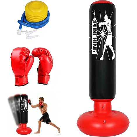 Sac de frappe gonflable 160 cm avec gants de boxe, pompe à air, sac de frappe, karaté, boxe pour enfants de 3 à 12 ans, cadeau pour garçons et filles, pratique du karaté, taekwondo, MMA (1/5)