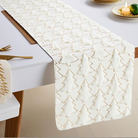 Chemin de table de Noël 13x72 pouces, décor de table de Noël à paillettes et fourrure synthétique douce jacquard pour fête de Noël, saison d’hiver, cache-cheminée pour manteau de cheminée (1/4)