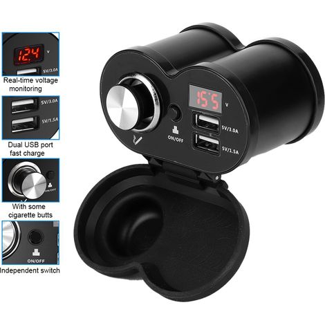 Motorrad-Doppel-USB-Ladegerät mit Voltmeter und Zigarettenanzünderbuchse, 2 Anschlüsse, multifunktional, schwarz, 12V-kompatibel (1/5)