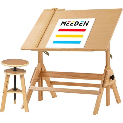 Table de dessin avec tabouret, réglable en hauteur, 96x60cm, hêtre, surface de travail inclinable (1/5)