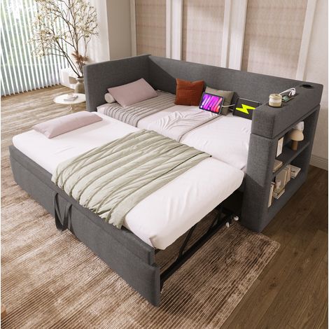 Cama nido 90x190 cm gris en mezcla de algodón y lino con cama extraíble y puertos USB (1/5)